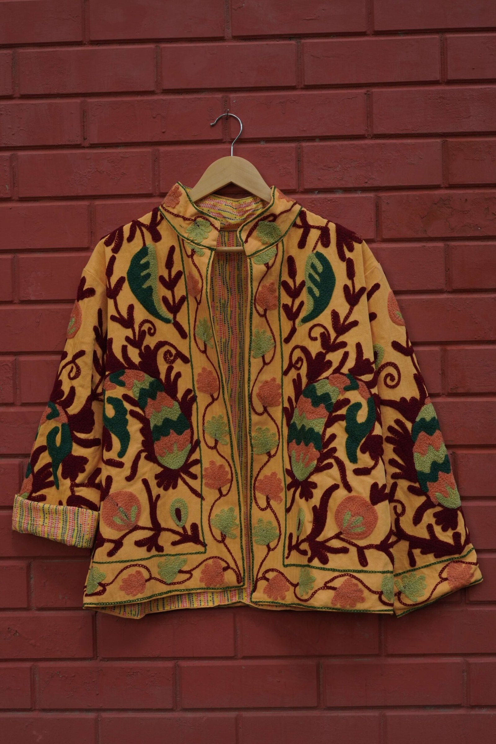 Womens Yellow Velvet Embroidered Jacket with Floral Design - Image 4